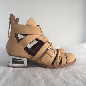 Jeffrey Campbell Level Up Tan Suede Cut Out Strappy Boot Chrome Heel - Size 7.5